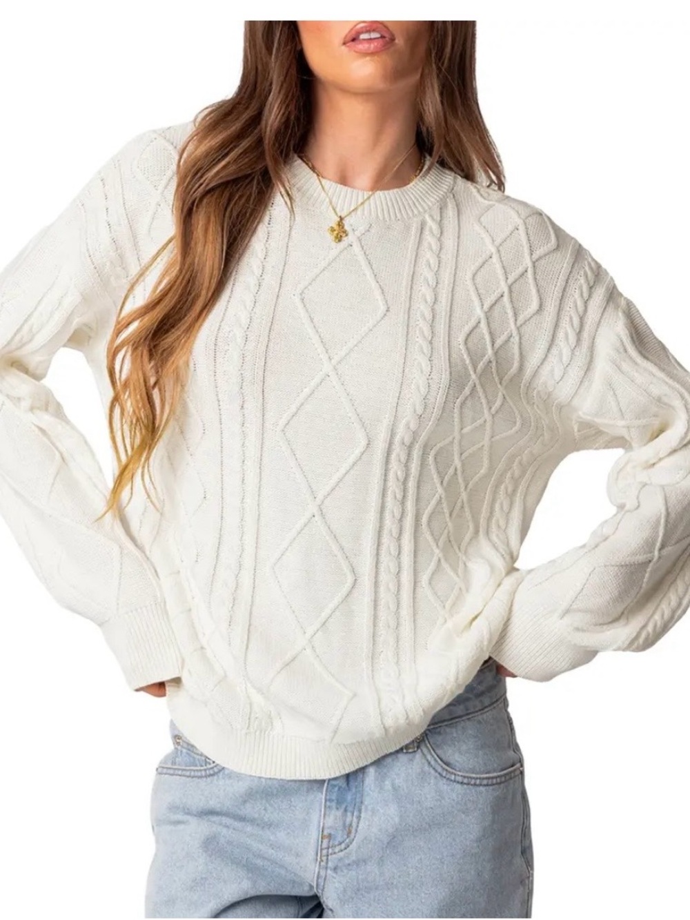 Edikted Cable Knit Crewneck Sweater - White